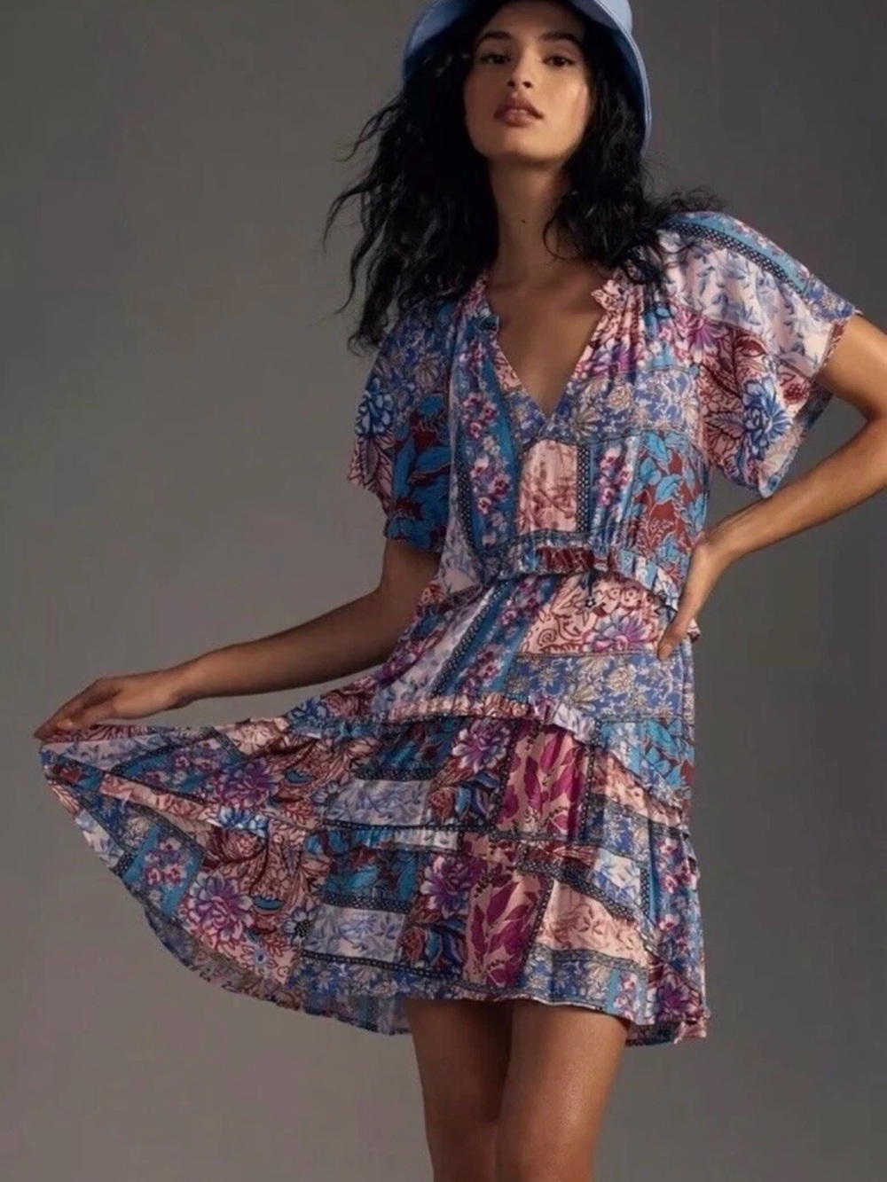 NWT Anthropologie Robin Tiered Ruffle Floral Mini Dress Flutter Sleeve Boho